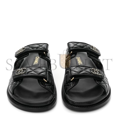 CHANEL LAMBSKIN QUILTED VELCRO DAD CHAIN CC SLIDE SANDALS BLACK G45507